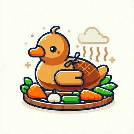 Illustration of a duck on a wooden board with ingredients for cookingのイラスト素材