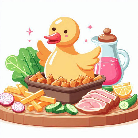 Illustration of a duck and food on a white background - vectorのイラスト素材