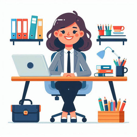 Businesswoman sitting at the desk with laptop and books, vector illustrationのイラスト素材
