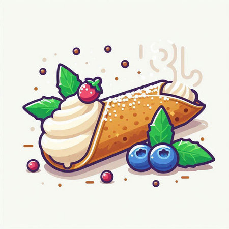 Crepes with whipped cream and fresh berries. Vector illustration.のイラスト素材