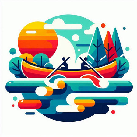 Illustration of a canoe on a lake. Vector illustration in flat style.のイラスト素材