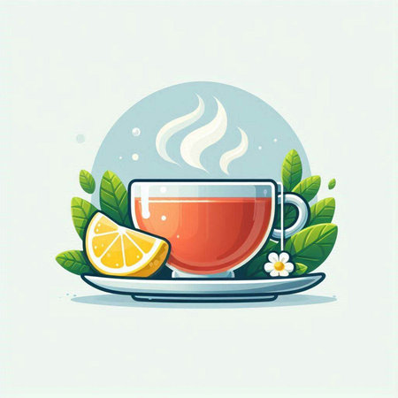 Cup of tea with lemon and mint leaves. Vector illustration.のイラスト素材
