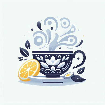 Cup of tea with lemon and floral ornament. Vector illustration.のイラスト素材