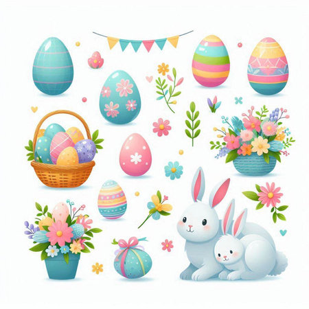 Set of easter eggs, bunny, basket and flowers. Vector illustration.のイラスト素材