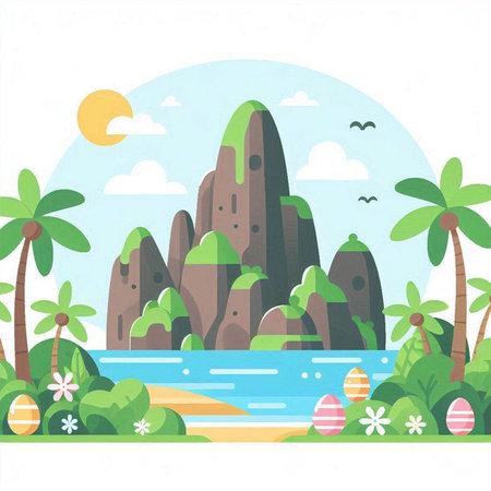 Landscape with island and ocean. Vector illustration in flat style.のイラスト素材