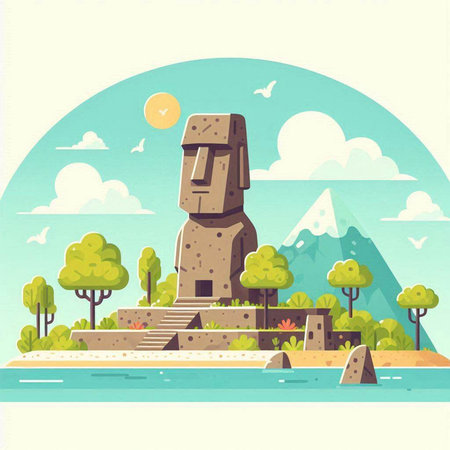 Stone statues on the island. Vector illustration in cartoon style. The stone statues are located on the island.のイラスト素材
