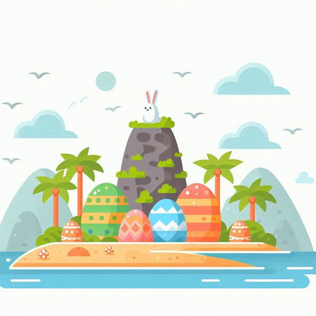 Easter background with eggs and bunny on island. Vector illustration.のイラスト素材