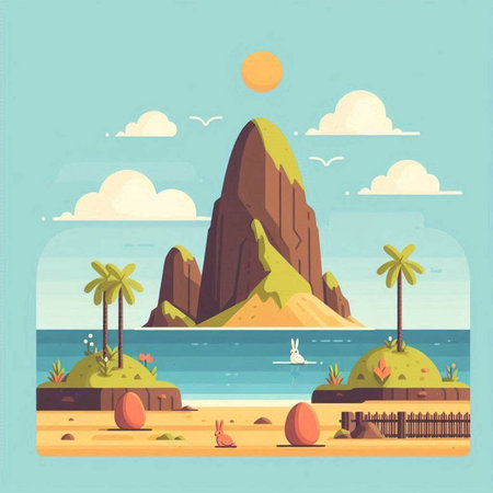 Landscape with mountains and sea in flat style. Vector illustration.のイラスト素材