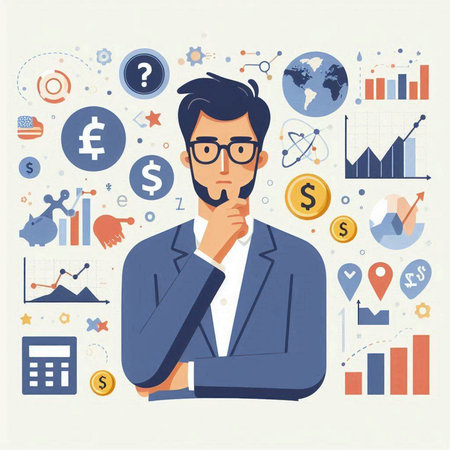 Businessman thinking about financial data. Vector illustration in flat style.のイラスト素材