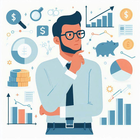 Businessman thinking about money. Vector illustration in flat design style.のイラスト素材