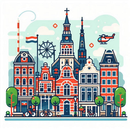 Amsterdam cityscape. Hand drawn vector illustration in flat style.のイラスト素材
