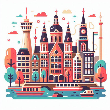 Amsterdam cityscape with famous buildings and streets. Flat vector illustration.のイラスト素材