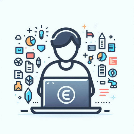 Man with Laptop and Business Icons. Vector Illustration.のイラスト素材