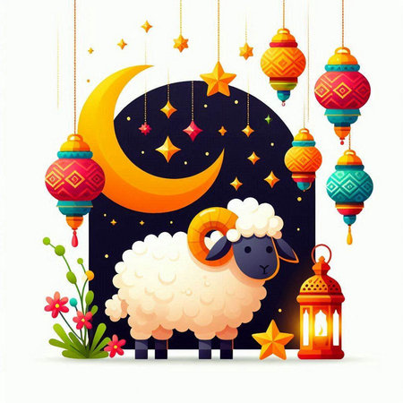 Ramadan Kareem Greeting Card with Cute Sheep, Lanterns and Moon.のイラスト素材