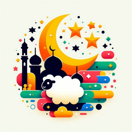 Ramadan Kareem Greeting Card with Mosque, Moon and Cloudsのイラスト素材