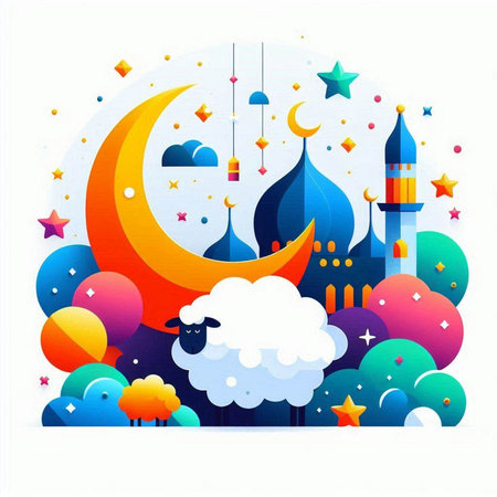 Ramadan Kareem greeting card with mosque, clouds and stars. Vector illustrationのイラスト素材