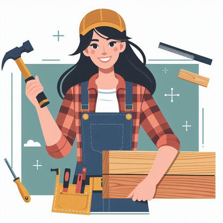 Carpenter woman working with tools. Vector illustration in cartoon styleのイラスト素材