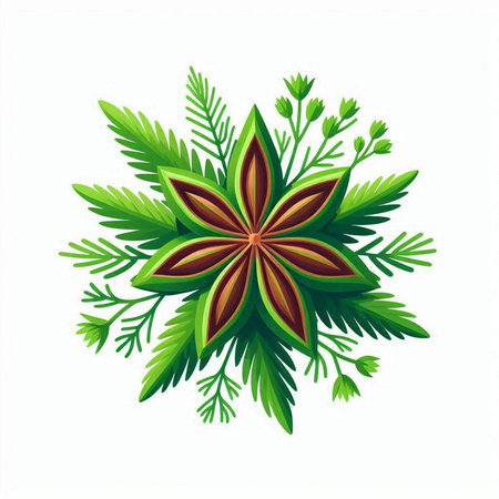 Illustration of anise star and green leaves on white background.のイラスト素材