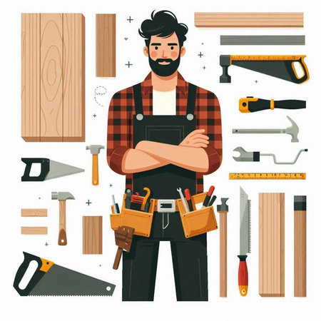 Carpenter man with tools. Vector illustration in cartoon style.のイラスト素材