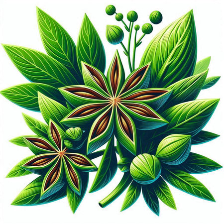 Illustration of star anise and green leaves on a white backgroundのイラスト素材