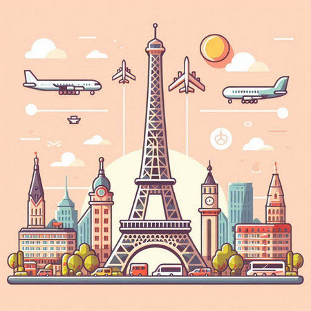 Vector illustration of Paris, France. Eiffel tower, airplane, city landscape.のイラスト素材