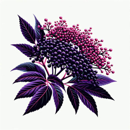 Bunch of black elderberry with purple leaves. Vector illustration.のイラスト素材