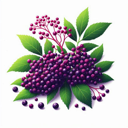 Elderberry bunch with leaves isolated on white background. Vector illustration.のイラスト素材
