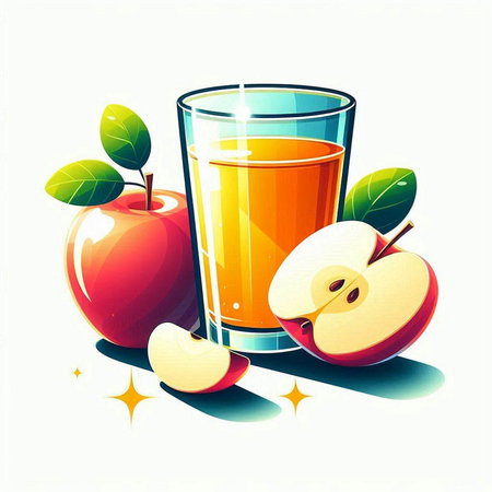 Apple juice in a glass with apple slices and leaves. Vector illustration.のイラスト素材