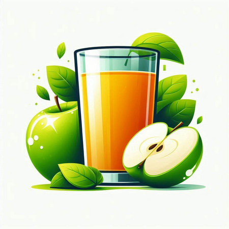 Glass of apple juice with green apples on white background. Vector illustration.のイラスト素材