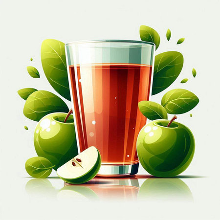 Glass of apple juice with green apples and leaves. Vector illustration.のイラスト素材