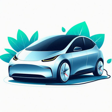 Vector image of a blue car on a white background with leaves.のイラスト素材