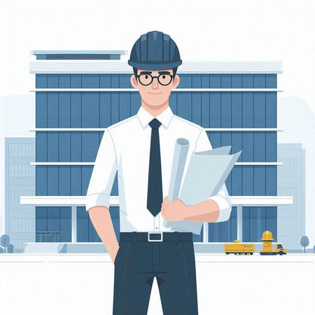 Architect on the background of the office building. Vector illustration.のイラスト素材