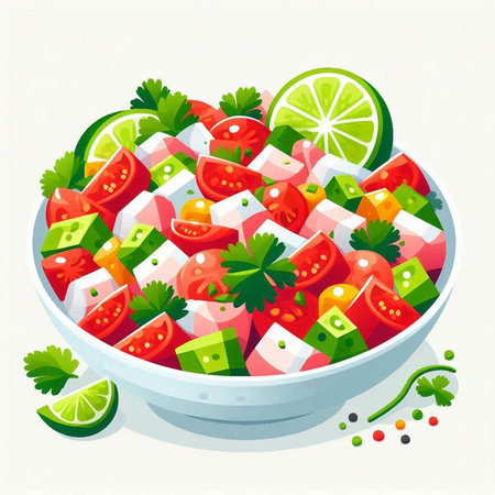 Salad with tomatoes, cucumbers, cheese and herbs. Vector illustrationのイラスト素材