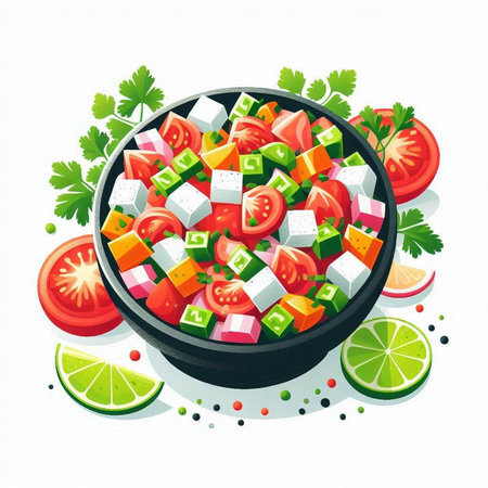 Greek salad in a bowl with tomatoes, feta cheese, cucumber and parsley. Vector illustration.のイラスト素材