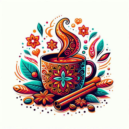 Cup of coffee with floral ornament and cinnamon. Vector illustration.のイラスト素材