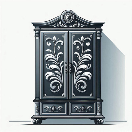 Illustration of a classic wooden cupboard with floral ornament on a white backgroundのイラスト素材