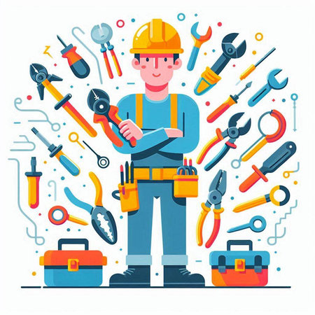 Worker with tools flat vector illustration. Mechanic, repairman, builder, worker concept.のイラスト素材