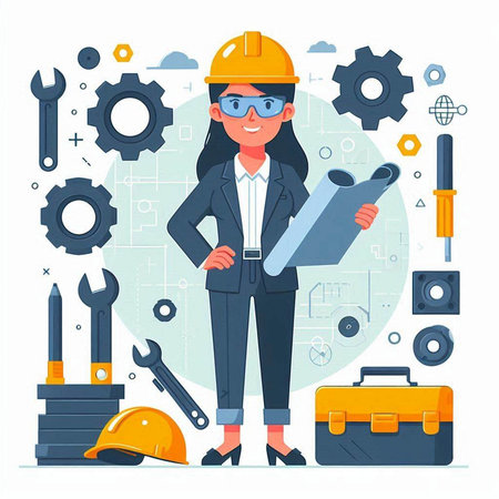 Engineer woman with blueprint and construction tools. Vector illustration in flat styleのイラスト素材