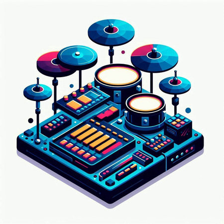 Drum kit isometric vector illustration. Music recording studio equipment.のイラスト素材