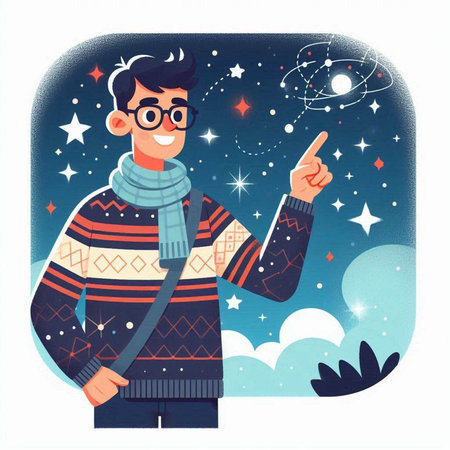 Vector illustration of a young man in winter clothes pointing at the starry skyのイラスト素材