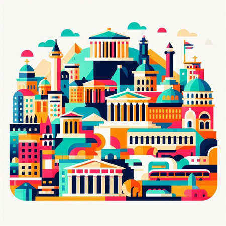 Cityscape with buildings and landmarks. Vector illustration in flat style.のイラスト素材