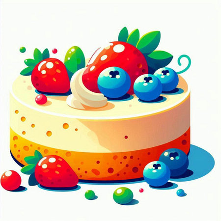 Vector illustration of a cake with strawberries and blueberries on a white backgroundのイラスト素材
