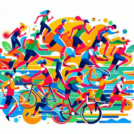 Vector illustration of a group of people riding bicycles on colorful background.のイラスト素材