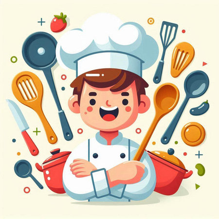 Chef boy cartoon character cooking food vector illustration. Cute chef boy in hat and uniform with kitchen tools.のイラスト素材