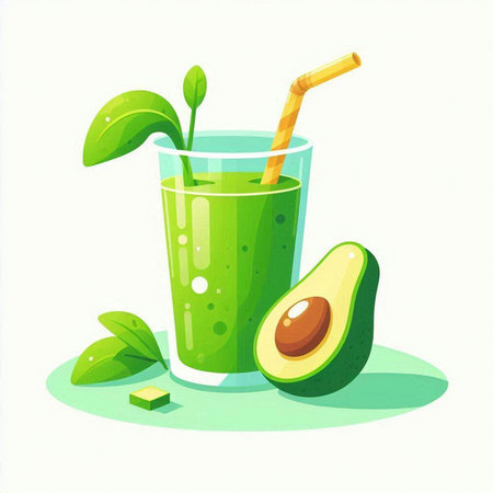 Avocado smoothie in a glass with a straw. Vector illustration.のイラスト素材