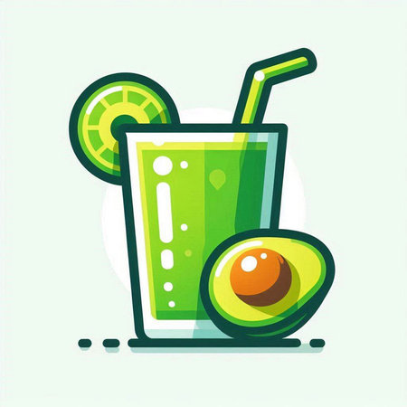Avocado smoothie flat icon. Vector illustration of fresh juice with lime and straw.のイラスト素材