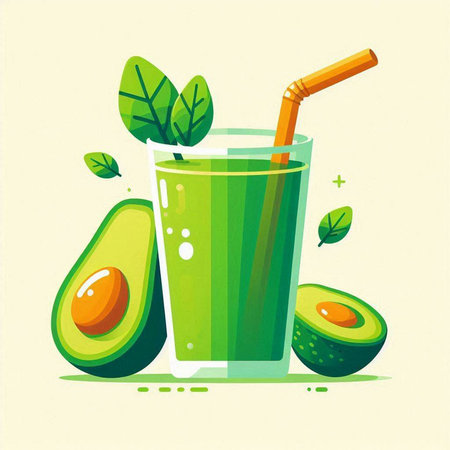 Avocado smoothie in a glass with a straw. Vector illustration.のイラスト素材