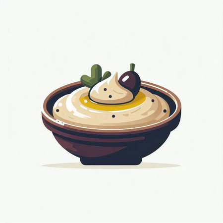 Illustration of a bowl of hummus with olives on topのイラスト素材