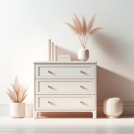 Wooden chest of drawers in white interior. 3d renderのイラスト素材
