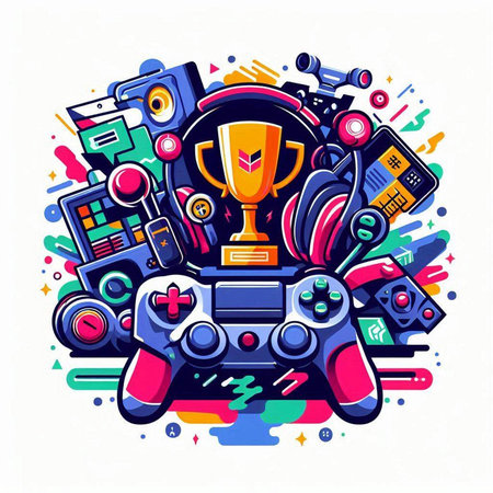 Game console and other entertainment equipment. Colorful vector illustration in flat styleのイラスト素材
